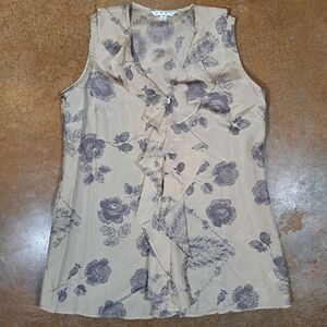 Cabi Silk Tranquil Floral Sleeveless Ruffle Blouse Sz S Taupe Gray Career Luxury